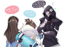 Rule 34 | 1boy, 2girls, beads, black jacket, blue gloves, blush, bodysuit, brown hair, canister, coat, covering face, d.va (overwatch), embarrassed, facepalm, flower, from behind, fur, fur collar, fur trim, gloves, hair bun, hair flower, hair ornament, hair stick, hairpin, hand on own face, hand to head, hand up, headphones, hood, hooded jacket, hyoon (sockgyu), jacket, long hair, long sleeves, looking at another, mask, mei (overwatch), multiple girls, overwatch, overwatch 1, pilot suit, reaper (overwatch), short hair, simple background, single hair bun, sparkle, trench coat, upper body, white background