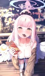 Rule 34 | 1girl, absurdres, alternate costume, alternate hairstyle, angel wings, bare shoulders, black shorts, blue archive, blurry, blurry background, breasts, chocolate, cleavage, daran9, food, food in mouth, hair ornament, hair scrunchie, halo, highres, holding, holding chocolate, holding food, leaning forward, long hair, long sleeves, looking at viewer, medium breasts, mika (blue archive), mouth hold, off shoulder, outdoors, pink hair, ponytail, pov, scrunchie, shoes, shorts, solo, standing, thighhighs, white footwear, white thighhighs, white wings, wings, yellow eyes