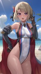 Rule 34 | 1girl, absurdres, azur lane, bare shoulders, beach, black cape, black gloves, black sleeves, blonde hair, breasts, cape, cloud, collar, covered navel, cowboy shot, cross, detached collar, detached sleeves, gloves, gold trim, hand up, highleg, highleg swimsuit, highres, iron cross, jeze, legs together, medium breasts, multicolored clothes, multicolored swimsuit, one-piece swimsuit, open mouth, outdoors, palm tree, purple eyes, sleeves past wrists, solo, sunlight, swept bangs, swimsuit, thighs, tree, wet, white collar, z23 (azur lane)