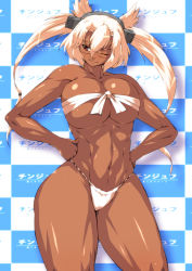 Rule 34 | 10s, 1girl, abs, bikini, breasts, brown eyes, budget sarashi, cleavage, dark skin, dark-skinned female, donson, front-tie bikini top, front-tie top, fundoshi, glasses, hair between eyes, hairband, hands on own hips, headgear, highres, japanese clothes, kantai collection, large breasts, long hair, musashi (kancolle), muscular, muscular female, navel, one eye closed, pointy hair, sarashi, semi-rimless eyewear, solo, swimsuit, thick thighs, thighs, toned, twintails, two side up, under-rim eyewear, underboob, white hair, wink