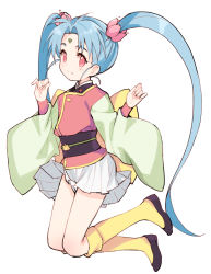Rule 34 | 1girl, black footwear, black jacket, blue hair, blush, closed mouth, commentary request, facial mark, flower, forehead mark, full body, hair flower, hair ornament, hands up, jacket, kneehighs, long hair, long sleeves, magical girl, mahou shoujo pretty sammy, meito (maze), obi, parted bangs, pink flower, pleated skirt, pretty sammy (character), red eyes, red jacket, sash, shoes, simple background, skirt, socks, solo, twintails, very long hair, white background, white skirt, wide sleeves, yellow socks