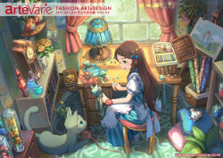 Rule 34 | 1girl, apron, artist name, basket, blue dress, book, bookshelf, bow, bracelet, braid, brown hair, buttons, carpet, cat, chair, clock, copyright name, dated, desk, dress, easel, flower, french braid, green eyes, hair bow, holding, indoors, jar, jewelry, lamp, long hair, looking down, looking to the side, open mouth, original, painting (object), pippi (pixiv 1922055), plant, sitting, smile, solo, striped clothes, striped dress, stuffed animal, stuffed bird, stuffed cat, stuffed mouse, stuffed toy, vial, whiskers, window, wooden floor, yarn, yarn ball