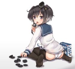 Rule 34 | 1girl, anchor symbol, ass, black hair, black pantyhose, black thighhighs, box, brown eyes, clothes pull, commentary request, cookie, dress, food, full body, gradient hair, hat, highres, k jie, kantai collection, licking, looking at viewer, looking back, mini hat, multicolored hair, oreo, panties, pantyhose, pantyhose pull, revision, sailor dress, shirt, short hair, short hair with long locks, sidelocks, simple background, sitting, solo, thighhighs, tied shirt, tokitsukaze (kancolle), tongue, tongue out, underwear, wariza, white background, white panties