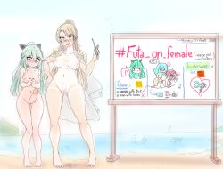 Rule 34 | 2girls, ad, beach, blonde hair, blush, breasts, chalkboard, character request, day, exhibitionism, female admiral (kancolle), futa with female, futanari, glasses, highres, kantai collection, long hair, multiple girls, navel, nipples, nude, open mouth, outdoors, penis, public indecency, pussy, pussy juice, pussy juice puddle, reference work request, sex, shinyohara, shore, spring (object), sweat, tan, tanline, water, yamakaze (kancolle)