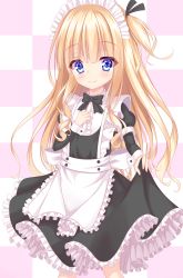 Rule 34 | 1girl, absurdres, apron, bad id, bad pixiv id, black bow, black bowtie, black ribbon, black shirt, black skirt, blonde hair, blue eyes, blush, bow, bowtie, center frills, checkered background, closed mouth, commentary request, frilled apron, frilled skirt, frills, hair ribbon, hakuto momiji, hand up, highres, hiiragi mayuki, hinako note, layered sleeves, long hair, long sleeves, looking at viewer, maid, maid apron, maid headdress, one side up, puffy short sleeves, puffy sleeves, ribbon, shirt, short over long sleeves, short sleeves, sidelocks, skirt, skirt hold, sleeve cuffs, smile, solo, standing, very long hair, white apron