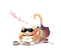 Rule 34 | 1girl, animal ears, blush stickers, cat ears, cat tail, closed mouth, commentary request, closed eyes, eyewear on head, girls&#039; frontline, gloves, hair between eyes, hair ornament, hair ribbon, highres, kalina (girls&#039; frontline), miharu (cgsky), orange hair, ribbon, simple background, skirt, smile, solo, sunglasses, tail, translation request, white background