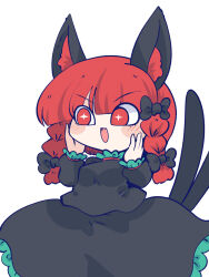 Rule 34 | 1girl, :d, animal ear fluff, animal ears, black bow, black shirt, black skirt, bow, braid, cat ears, cat girl, cat tail, chahan (fried rice0614), chibi, collar, commentary request, cowboy shot, fang, frilled collar, frilled skirt, frilled sleeves, frills, green trim, hair bow, hands on own cheeks, hands on own face, highres, kaenbyou rin, medium hair, multiple tails, open mouth, red eyes, red hair, shirt, simple background, skirt, skirt set, smile, solo, sparkling eyes, tail, tail raised, touhou, twin braids, two tails, white background