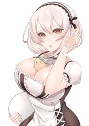 Rule 34 | 1girl, :o, anchor, azur lane, bird, blush stickers, breasts, chichikoucha, chick, choker, cleavage, dress, frilled dress, frilled sleeves, frills, hair between eyes, tucking hair, hairband, lace-trimmed hairband, lace trim, large breasts, looking at viewer, maid, open mouth, puffy sleeves, red eyes, short hair, short sleeves, simple background, sirius (azur lane), solo, tray, underbust, upper body, white background, white hair