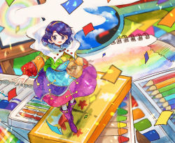 Rule 34 | 1girl, :d, blue eyes, blue hair, boots, canvas (object), cape, cloak, colored pencil, crayon, dress, full body, hairband, highres, itomugi-kun, long sleeves, looking at viewer, marker, medium hair, multicolored clothes, multicolored dress, multicolored hairband, notebook, open mouth, paintbrush, patchwork clothes, pencil, pouch, purple footwear, rainbow gradient, sky print, smile, solo, standing, tenkyuu chimata, touhou, two-sided cape, two-sided fabric, white cloak