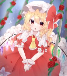 Rule 34 | 1girl, :o, ascot, blonde hair, blush, bow, collared shirt, commentary, cowboy, cowboy western, crystal, fang, flandre day, flandre scarlet, flower, frilled bow, frilled shirt collar, frills, hair between eyes, hat, hat bow, highres, leaf, long hair, looking at viewer, machi0309, mob cap, open mouth, plant, puffy short sleeves, puffy sleeves, red bow, red eyes, red flower, red rose, red skirt, red vest, rose, shirt, short sleeves, side ponytail, skin fang, skirt, skirt set, solo, thorns, touhou, vest, vines, western, white hat, white shirt, wings, wrist cuffs, yellow ascot