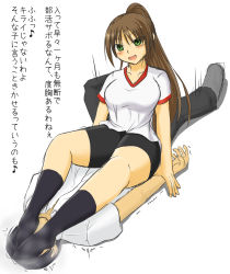 Rule 34 | 1boy, 1girl, bike shorts, breasts, brown hair, feet, femdom, foot on head, green eyes, gym uniform, highres, japanese text, large breasts, no shoes, ponytail, shinzanmono, sitting, sitting on person, smell, smelling feet, socks, steam, sweat, translated
