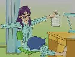 Rule 34 | 00s, 1girl, animal, animal on lap, barefoot, calendar (object), cat, cat on lap, chair, curtains, desk, feet, flcl, glasses, highres, lap, long hair, miyu miyu, ninamori eri, on lap, open mouth, outstretched arms, pajamas, purple hair, sitting, sitting on lap, sitting on person, spread arms, vector trace