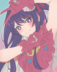 Rule 34 | 1girl, absurdres, blush, closed mouth, commentary request, double v, dress, frilled dress, frilled gloves, frills, gloves, heart, highres, hoshino ai (oshi no ko), idol, one side up, oshi no ko, partial commentary, pink gloves, purple eyes, purple hair, sidelocks, solo, star-shaped pupils, star (symbol), symbol-shaped pupils, taku hanamiyap, turtleneck, turtleneck dress, v