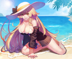 Rule 34 | 1girl, arm support, barefoot, beach, bikini, blue sky, blush, breast hold, breasts, brown hair, character name, cleavage, cloud, collarbone, day, girls&#039; frontline, hat, highres, jacket, kneeling, large breasts, leaning forward, long hair, looking at viewer, m37 (girls&#039; frontline), m37 (summer parader) (girls&#039; frontline), ocean, official alternate costume, open clothes, open jacket, orange eyes, parted lips, sand, sidelocks, skindentation, sky, smile, solo, sun hat, sunlight, swimsuit, thighs, tunamayo (dsasd751), very long hair, white bikini