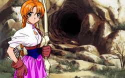 Rule 34 | 1girl, arrow (projectile), bow (weapon), braid, cave, cowboy shot, gloves, green eyes, jota, long hair, looking at viewer, miniskirt, orange hair, outdoors, pink skirt, quiver, short sleeves, single braid, skirt, skirt set, solo, viper, viper rsr, weapon