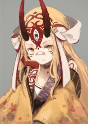 Rule 34 | 1girl, bandaid, bandaid on face, bandaid on nose, blonde hair, head rest, closed mouth, facial tattoo, fang, fang out, fate/grand order, fate (series), floral print, forehead, grey background, hand on own cheek, hand on own face, hand up, horns, ibaraki douji (fate), japanese clothes, kimono, long hair, makihitsuji, oni horns, pointy ears, sidelocks, simple background, solo, tattoo, wide sleeves, yellow eyes, yellow kimono