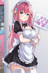 Rule 34 | 1girl, absurdres, apron, black bow, black bowtie, black dress, blue eyes, blush, bocchi the rock!, bow, bowtie, commentary, cowboy shot, cube hair ornament, dress, frilled apron, frilled dress, frills, gotoh hitori, hair ornament, highres, holding, holding sign, long hair, looking at viewer, maid, maid apron, maid headdress, neon (hhs9444), one side up, open mouth, pink hair, short dress, short sleeves, sidelocks, sign, solo, sweatdrop, thighhighs, white thighhighs, white wrist cuffs, wrist cuffs