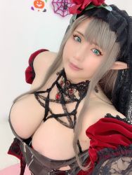 Rule 34 | 1girl, asian, breasts, chouzuki maryou, cleavage, downblouse, elf, highres, large breasts, latex, lipstick, makeup, photo (medium), plump, pointy ears, solo