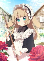 Rule 34 | 1girl, animal ears, apron, black dress, black hairband, blue eyes, blue sky, bow, brown hair, building, closed mouth, cloud, cloudy sky, commentary request, day, dress, flower, frilled apron, frilled hairband, frills, grey bow, hairband, highres, holding, long hair, long sleeves, looking at viewer, maid, maid apron, mamyouda, original, outdoors, puffy long sleeves, puffy sleeves, rabbit ears, red flower, red rose, rose, sky, sleeves past wrists, solo, thick eyebrows, very long hair, white apron, window