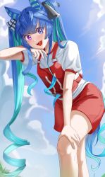 1girl absurdres animal_ears blue_eyes blue_hair blue_sky cloud gani1127 hand_on_own_thigh heterochromia highres horse_ears horse_girl horse_tail long_hair looking_at_viewer messy_hair open_mouth outdoors purple_eyes red_shorts sharp_teeth shirt short_sleeves shorts sidelocks sky smile solo standing sweat tail teeth twin_turbo_(umamusume) twintails umamusume white_shirt