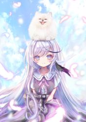 Rule 34 | 1girl, animal, animal on head, awae iroha, blue background, blue theme, closed mouth, dog, dress, highres, liver city, long hair, looking at viewer, megts0331, on head, purple eyes, purple hair, short sleeves, sitting, smile, solo, virtual youtuber