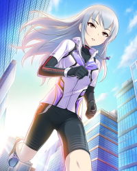 Rule 34 | 10s, 1girl, artist request, bike shorts, breasts, brown eyes, building, character name, city, idolmaster, idolmaster cinderella girls, jacket, jpeg artifacts, long hair, medium breasts, official art, parted lips, running, shoes, silver hair, sneakers, solo, takamine noa, track jacket