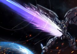 Rule 34 | comet, commentary, commission, earth (planet), embers, energy sword, english commentary, eye trail, gundam, gundam epyon, gundam wing, highres, holding, holding sword, holding weapon, legs apart, light trail, mecha, mecha focus, mechanical wings, mobile suit, no humans, planet, porukima, redesign, robot, science fiction, solo, space, sword, v-fin, weapon, wings, yellow eyes