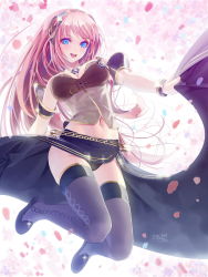 Rule 34 | 1girl, armband, black footwear, black panties, black skirt, blue eyes, blush, bracelet, breasts, cleavage, clothes lift, detached collar, female focus, full body, grey thighhighs, happy, headgear, highres, jewelry, large breasts, long hair, long skirt, looking at viewer, megurine luka, megurine luka (vocaloid4), midriff, navel, necklace, okingjo, open mouth, panties, pink hair, shoes, skirt, skirt lift, smile, solo, strapless, thighhighs, underwear, v4x, vocaloid