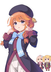 Rule 34 | 3girls, beret, black coat, black headwear, blonde hair, blue bow, blue eyes, blush, bow, braid, brown eyes, brown hair, chibi, chieru (princess connect!), chloe (princess connect!), coat, collared dress, collared shirt, commentary request, covered navel, dress, green neckwear, grey shirt, hair between eyes, hair bow, hair over shoulder, hands up, hat, highres, long hair, long sleeves, looking at viewer, multiple girls, open clothes, open coat, open mouth, parted lips, pink hair, pleated skirt, princess connect!, purple eyes, purple skirt, shimon (31426784), shirt, simple background, skirt, solo focus, twin braids, twintails, white background, white dress, white shirt, yuni (princess connect!)