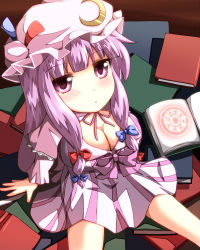 Rule 34 | 1girl, book, breasts, cleavage, crescent, dress, female focus, hat, md5 mismatch, ominaeshi, ominaeshi (takenoko), patchouli knowledge, purple eyes, purple hair, resolution mismatch, sitting, solo, source larger, touhou