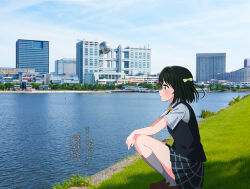 1girl absurdres arms_on_knees black_hair black_vest blue_shirt blue_sky bob_cut brown_footwear collared_shirt commentary_request day dress_shirt full_body grass grey_skirt grey_socks hair_ribbon highres loafers love_live! love_live!_nijigasaki_high_school_idol_club mifune_shioriko miniskirt nijigasaki_school_uniform odaiba outdoors photo_background plaid_clothes plaid_skirt pleated_skirt red_eyes ribbon school_uniform shinonome_sakura shirt shoes short_hair short_sleeves skirt sky slav_squatting socks solo squatting summer_uniform tokyo_(city) vest yellow_ribbon