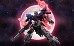 Rule 34 | asteroid, beam rifle, energy gun, glowing, glowing eyes, glowing lines, gun, gundam, gundam online, highres, holding, holding gun, holding weapon, looking at viewer, mobile suit, moon, moon gundam, moon gundam (mobile suit), no humans, official art, psycho plates, red moon, shooting star, star (symbol), starry background, v-fin, weapon