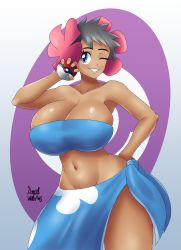 Rule 34 | 1girl, absurdres, artist name, azraelwebster, bandeau, bare shoulders, black hair, blue eyes, breasts, cleavage, collarbone, creatures (company), dark-skinned female, dark skin, elite four, eye contact, flower, game freak, hair flower, hair ornament, hand on own hip, highres, holding, holding poke ball, huge breasts, large breasts, looking at another, looking at viewer, nintendo, no panties, one eye closed, phoebe (pokemon), poke ball, pokemon, pokemon oras, sarong, short hair, solo, standing, strapless, thick thighs, thighs, tube top, very short hair, wide hips, wink