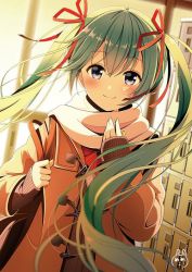 Rule 34 | 1girl, backlighting, bag, blush, closed mouth, commentary request, green hair, hair between eyes, hair ribbon, hatsune miku, indoors, locker, long hair, long sleeves, looking at viewer, purple eyes, red ribbon, ribbon, satchel, scarf, signature, smile, solo, twintails, upper body, vocaloid, yuuka nonoko