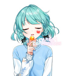 Rule 34 | 1girl, aqua hair, bad id, bad pixiv id, black bow, blue shirt, bow, braid, candy, commission, closed eyes, facing viewer, food, frilled shirt, frills, hair bow, hand up, holding, holding candy, holding food, holding lollipop, lipstick mark, lollipop, long sleeves, mamel 27, original, parted lips, puffy long sleeves, puffy sleeves, shirt, simple background, sleeves past wrists, solo, twin braids, upper body, watermark, white background