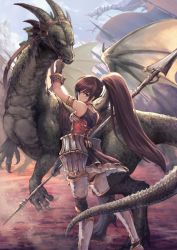 Rule 34 | 1girl, armlet, armpits, bare shoulders, blue eyes, boots, brown hair, closed mouth, dragon, dress, fantasy, high ponytail, holding, holding polearm, holding spear, holding weapon, long hair, looking at viewer, original, ouka (ra-raradan), polearm, red dress, spear, standing, thigh boots, thighhighs, weapon