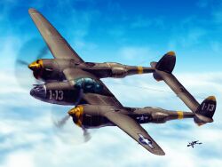 Rule 34 | above clouds, aircraft, airplane, artist name, blue sky, cloud, cloudy sky, commentary request, day, flying, highres, luger oni-jun&#039;i, military, motion blur, original, outdoors, p-38 lightning, roundel, signature, sky, vehicle focus, world war ii