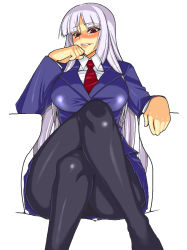 Rule 34 | 1girl, bad id, bad pixiv id, blazer, blush, breasts, crossed legs, formal, from below, hand to own mouth, impossible clothes, impossible shirt, jacket, large breasts, long hair, looking at viewer, looking down, namidame, naughty face, necktie, nose blush, office lady, original, pantyhose, red eyes, seductive smile, shirt, simple background, sitting, skirt, skirt suit, smile, solo, suit, very long hair, white background, white hair, wide hips