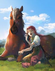 Rule 34 | 1girl, black footwear, boots, closed eyes, epona, farm, full body, highres, horse, kneeling, laughing, long hair, long skirt, malon, neckerchief, nintendo, open mouth, outdoors, parted bangs, pink skirt, pointy ears, red hair, shirt, short sleeves, sidelocks, skirt, smile, the legend of zelda, the legend of zelda: ocarina of time, white shirt, yellow neckerchief, zeldm