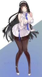 Rule 34 | 1girl, absurdres, alracoco, black hair, black pantyhose, blush, breasts, cape, cleavage, closed mouth, finger to mouth, flower, full body, girls&#039; frontline, gloves, hair flower, hair ornament, hairband, highres, large breasts, long hair, looking at viewer, pantyhose, shirt, shushing, simple background, skirt, smile, solo, type 95 (girls&#039; frontline), very long hair, white gloves, white hairband, white shirt, white skirt, yellow eyes