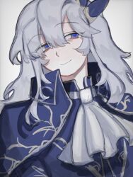 Rule 34 | 1boy, argalia (project moon), ascot, blue cape, blue eyes, blue jacket, cape, closed mouth, jacket, library of ruina, long hair, looking to the side, pepo (y02d), project moon, sidelocks, simple background, smile, solo, white ascot, white background, white hair