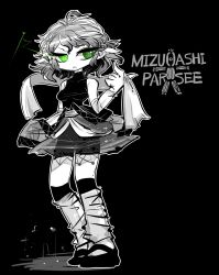 Rule 34 | 1girl, arm warmers, character name, green eyes, greyscale, highres, mizuhashi parsee, monochrome, pointy ears, resolution mismatch, scarf, see-through, short hair, sleeveless, solo, source smaller, spot color, touhou, turtleneck, voodoo doll, yt (wai-tei)