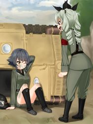 Rule 34 | 10s, 2girls, anchovy (girls und panzer), angry, anzio military uniform, arm behind head, arm support, belt, black footwear, black ribbon, black shirt, blouse, boots, carro veloce cv-33, clenched hand, cloud, cloudy sky, commentary request, crash, day, dirty, dirty face, dress shirt, drill hair, from behind, frown, girls und panzer, green hair, grey jacket, grey pants, grey skirt, grimace, hair ribbon, highres, jacket, knee boots, long hair, long sleeves, looking at another, military, military uniform, military vehicle, miniskirt, motor vehicle, multiple girls, one eye closed, open mouth, outdoors, pants, pants tucked in, partial commentary, pencil skirt, pepperoni (girls und panzer), red eyes, ribbon, ruka (piyopiyopu), sam browne belt, shirt, short hair, shouting, sitting, skirt, sky, standing, tank, twin drills, twintails, uniform, wing collar