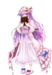 Rule 34 | absurdres, blue bow, blunt bangs, book, book to mouth, bow, bowtie, bun cover, crescent, crescent hat ornament, double bun, dress, glasses, hair bow, hair bun, hat, hat bow, hat ornament, highres, holding, holding book, long hair, long sleeves, looking at viewer, mob cap, patchouli knowledge, pink bow, pink bowtie, purple dress, purple eyes, purple hair, purple hat, red bow, slippers, socks, standing, striped clothes, striped dress, tachi-e, tk31, touhou, transparent background, vertical-striped clothes, vertical-striped dress, very long hair, white socks, wide sleeves