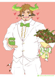 Rule 34 | 1boy, :d, alternate costume, animal ears, bara, blush, bouquet, bow, bowtie, brown eyes, brown hair, bulge, chris martin, cow boy, cow ears, cow horns, cowboy shot, facial hair, fiery horns, flower, forked eyebrows, formal, glowing horns, goatee, heart, holding, holding bouquet, horns, jewelry, male focus, mature male, muscular, muscular male, one eye closed, open mouth, pants, pectorals, ring, short hair, sideburns, smile, solo, spiked hair, suit, thick eyebrows, tokyo houkago summoners, wakan tanka, wedding, wedding ring, white pants, white suit