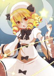Rule 34 | 1girl, blonde hair, chestnut mouth, drill hair, fairy wings, hat, hat ribbon, index finger raised, luna child, nekosugi (hoshi), open mouth, orange eyes, ribbon, solo, star (symbol), touhou, wide sleeves, wings