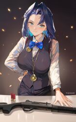 Rule 34 | 1girl, absurdres, benelli m4 super 90, black hair, black pants, black vest, blue bow, blue bowtie, blue eyes, blue hair, blush, bow, bowtie, breasts, brown hair, earrings, gun, hair intakes, hand on own hip, highres, hololive, hololive english, jewelry, john wick, large breasts, looking at viewer, medallion, merchant, multicolored hair, ouro kronii, pants, santafe99, shirt, short hair, shotgun, shotgun shell, smile, solo, suspenders, table, twitter username, vest, virtual youtuber, weapon, white shirt