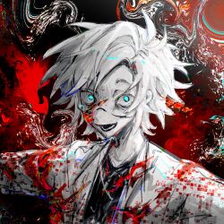 Rule 34 | 1boy, black shirt, blood, blood on clothes, blood on face, blue eyes, chinese commentary, colored skin, commentary request, glasses, highres, kanou aogu, lab coat, long sleeves, male focus, open mouth, saibou shinkyoku, shirt, short hair, smile, solo, white hair, white skin, yanchu32649