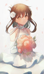 Rule 34 | 1girl, bouquet, brown eyes, brown hair, closed mouth, dress, elbow gloves, flower, gloves, hair between eyes, highres, holding, holding bouquet, inazuma (kancolle), kantai collection, long hair, petals, ranran 3939, revision, side ponytail, simple background, sleeveless, sleeveless dress, smile, solo, white background, white dress, white gloves