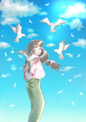 Rule 34 | 1girl, arm guards, bad id, bad pixiv id, bird, black hair, closed eyes, cloud, cloudy sky, cowboy shot, day, dove, feathers, fingerless gloves, gloves, inuyasha, japanese clothes, kimono, long hair, open mouth, sango (inuyasha), skirt, sky, smile, solo, tsubuankopan